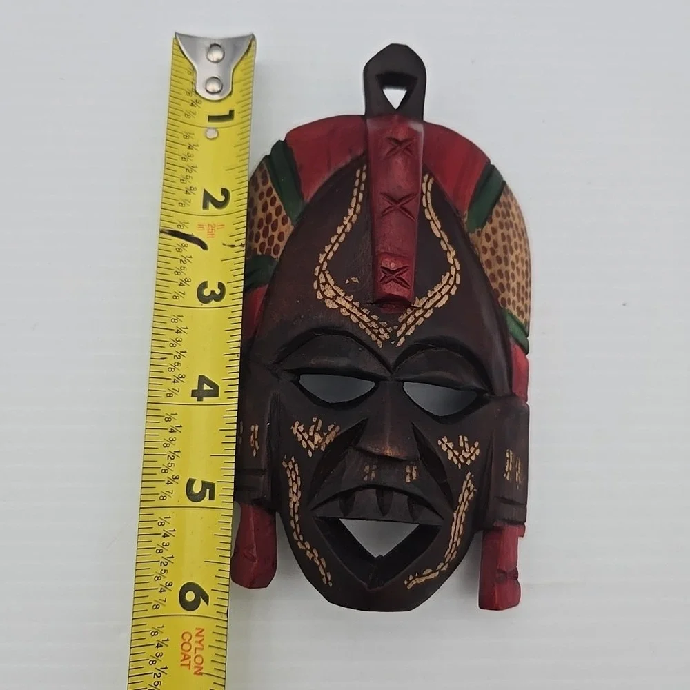 VTG African‎ Tribal Carved Wood Mask Wall Art Decor Red Brown Giraffe Accents 6